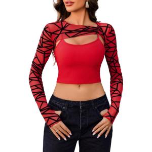 imageAvidlove Women Sexy Long Sleeve Mesh Crop Top Solid Cover Up with Spaghetti Strap Cami Top 2 Pieces Clubwear with Thumb HolesRed Pattern 1