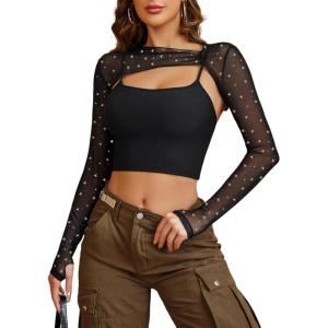 imageAvidlove Women Sexy Long Sleeve Mesh Crop Top Solid Cover Up with Spaghetti Strap Cami Top 2 Pieces Clubwear with Thumb HolesSliver Star Print