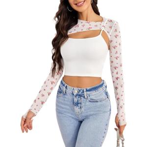 imageAvidlove Women Sexy Long Sleeve Mesh Crop Top Solid Cover Up with Spaghetti Strap Cami Top 2 Pieces Clubwear with Thumb HolesWhite Flower