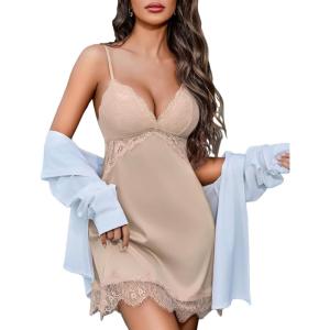 imageAvidlove WomenS Nightgowns Sexy Lace Night Gown Satin VNeck Chemise Plus Size Sikly NightgownsKhaki