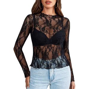 imageAvidlove Womens Mesh Top Long Sleeve Mock Neck Sheer Blouse See Through Floral Lace TopsBlack