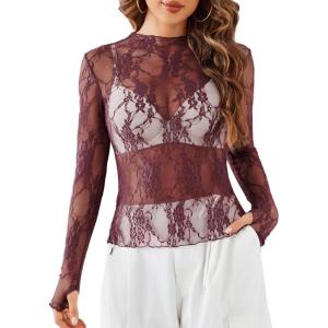 imageAvidlove Womens Mesh Top Long Sleeve Mock Neck Sheer Blouse See Through Floral Lace TopsBurgundy