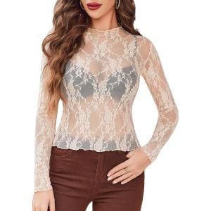 imageAvidlove Womens Mesh Top Long Sleeve Mock Neck Sheer Blouse See Through Floral Lace TopsChampagne