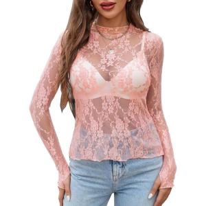 imageAvidlove Womens Mesh Top Long Sleeve Mock Neck Sheer Blouse See Through Floral Lace TopsCoral