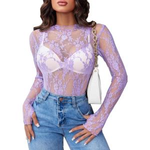 imageAvidlove Womens Mesh Top Long Sleeve Mock Neck Sheer Blouse See Through Floral Lace TopsLilac