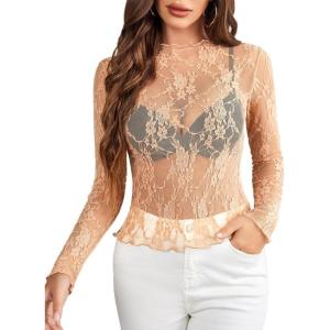 imageAvidlove Womens Mesh Top Long Sleeve Mock Neck Sheer Blouse See Through Floral Lace TopsNude