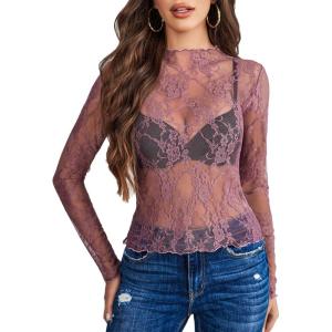imageAvidlove Womens Mesh Top Long Sleeve Mock Neck Sheer Blouse See Through Floral Lace TopsPurple
