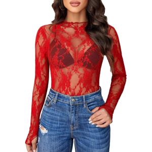 imageAvidlove Womens Mesh Top Long Sleeve Mock Neck Sheer Blouse See Through Floral Lace TopsRed