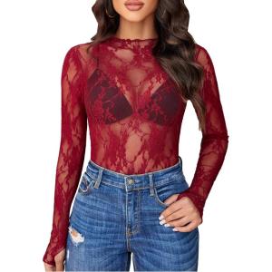 imageAvidlove Womens Mesh Top Long Sleeve Mock Neck Sheer Blouse See Through Floral Lace TopsWine Red