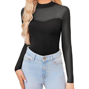 imageAvidlove Womens Sexy Mock Neck Sheer Mesh Long Sleeve Bodysuit Double Lined Slimming Body suit Going Out TopsBlack