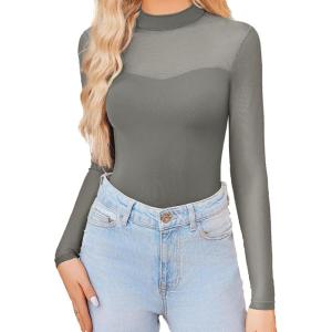 imageAvidlove Womens Sexy Mock Neck Sheer Mesh Long Sleeve Bodysuit Double Lined Slimming Body suit Going Out TopsDark Grey
