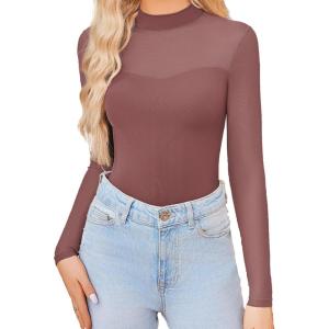 imageAvidlove Womens Sexy Mock Neck Sheer Mesh Long Sleeve Bodysuit Double Lined Slimming Body suit Going Out TopsDark Purple Red