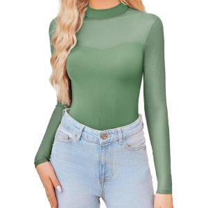 imageAvidlove Womens Sexy Mock Neck Sheer Mesh Long Sleeve Bodysuit Double Lined Slimming Body suit Going Out TopsMedium Grey