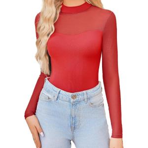 imageAvidlove Womens Sexy Mock Neck Sheer Mesh Long Sleeve Bodysuit Double Lined Slimming Body suit Going Out TopsRed