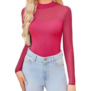 imageAvidlove Womens Sexy Mock Neck Sheer Mesh Long Sleeve Bodysuit Double Lined Slimming Body suit Going Out TopsRose Red