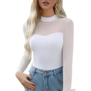 imageAvidlove Womens Sexy Mock Neck Sheer Mesh Long Sleeve Bodysuit Double Lined Slimming Body suit Going Out TopsWhite