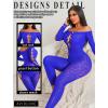 imageAvidlove Women Lingeries Long Sleeve Fishnet Body Stocking Leopard Sexy Outfit Rhinestone Body Suits Cut Out JumpsuitBlue