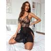 imageAvidlove Womens Lingerie Lace Chemise Floral Embroidery Mesh Babydoll Side Slit SleepwearBlack