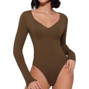 imageAvidlove Bodysuit for Women Long Sleeve Double Lined Tank Top V Neck Bodysuit Tummy Control ShapewearBrown