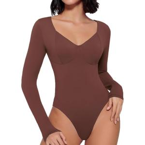 imageAvidlove Bodysuit for Women Long Sleeve Double Lined Tank Top V Neck Bodysuit Tummy Control ShapewearFuchsia
