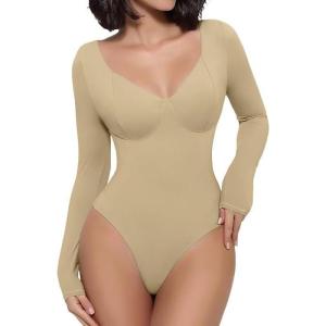 imageAvidlove Bodysuit for Women Long Sleeve Double Lined Tank Top V Neck Bodysuit Tummy Control ShapewearKhaki
