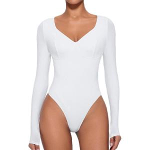 imageAvidlove Bodysuit for Women Long Sleeve Double Lined Tank Top V Neck Bodysuit Tummy Control ShapewearWhite