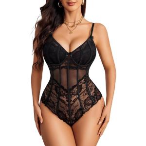 imageAvidlove Bodysuit for Women Sexy Lace Top One Piece Lingerie V Neck Mesh Tops Going Out Cami Naughty Push Up Body Suit SXXLAblack