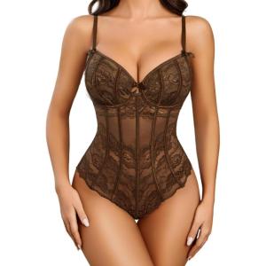 imageAvidlove Bodysuit for Women Sexy Lace Top One Piece Lingerie V Neck Mesh Tops Going Out Cami Naughty Push Up Body Suit SXXLBrown