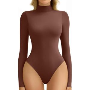 imageAvidlove Bodysuits for Women High Neck Long Sleeve Body Suits Snap Closure Double Lined Mock Neck Bodysuit SoftBrown
