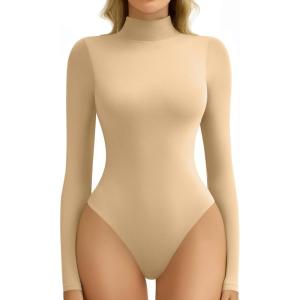 imageAvidlove Bodysuits for Women High Neck Long Sleeve Body Suits Snap Closure Double Lined Mock Neck Bodysuit SoftKhaki