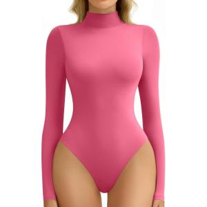 imageAvidlove Bodysuits for Women High Neck Long Sleeve Body Suits Snap Closure Double Lined Mock Neck Bodysuit SoftRose Red