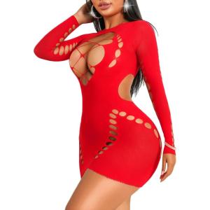imageAvidlove Fishnet Lingerie for Women Sexy Long Sleeve Mesh Badydoll Chemise Lingeries Dress Hollow Out OutfitsBred