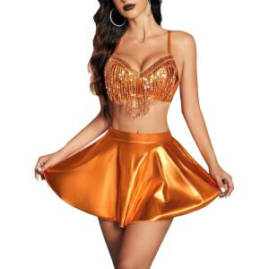 imageAvidlove Rave Outfits for Women Sequin Fringe Outfits Cosplay Lingerie 3pack Costume Set with Metallic SkirtOrange