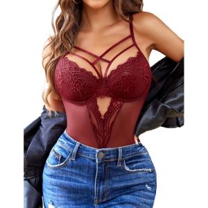 imageAvidlove Women Lingerie Floral Lace Harness Lingerie Bodysuit One Piece Teddy Babydoll NightgownDark Red