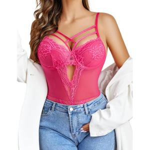 imageAvidlove Women Lingerie Floral Lace Harness Lingerie Bodysuit One Piece Teddy Babydoll NightgownRose Red