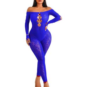 imageAvidlove Women Lingeries Long Sleeve Fishnet Body Stocking Leopard Sexy Outfit Rhinestone Body Suits Cut Out JumpsuitBlue