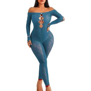 imageAvidlove Women Lingeries Long Sleeve Fishnet Body Stocking Leopard Sexy Outfit Rhinestone Body Suits Cut Out JumpsuitDark Blue
