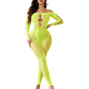 imageAvidlove Women Lingeries Long Sleeve Fishnet Body Stocking Leopard Sexy Outfit Rhinestone Body Suits Cut Out JumpsuitNeon Green