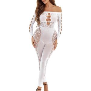 imageAvidlove Women Lingeries Long Sleeve Fishnet Body Stocking Leopard Sexy Outfit Rhinestone Body Suits Cut Out JumpsuitWhite