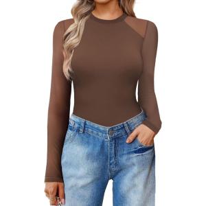 imageAvidlove Women Long Sleeve Bodysuit Crew Neck Body Suits Mesh One Piece Leotards Shirt Going Out Bodysuit TopsBrown