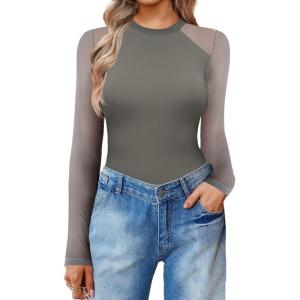 imageAvidlove Women Long Sleeve Bodysuit Crew Neck Body Suits Mesh One Piece Leotards Shirt Going Out Bodysuit TopsDark Grey