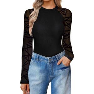 imageAvidlove Women Long Sleeve Bodysuit Crew Neck Body Suits Mesh One Piece Leotards Shirt Going Out Bodysuit TopsGeo Pattern