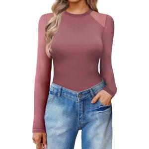 imageAvidlove Women Long Sleeve Bodysuit Crew Neck Body Suits Mesh One Piece Leotards Shirt Going Out Bodysuit TopsPurple Red