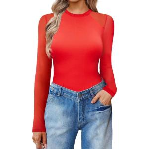 imageAvidlove Women Long Sleeve Bodysuit Crew Neck Body Suits Mesh One Piece Leotards Shirt Going Out Bodysuit TopsRed