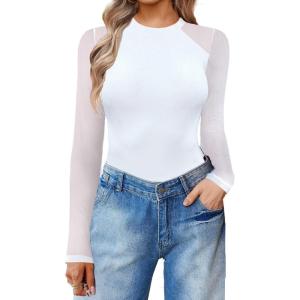 imageAvidlove Women Long Sleeve Bodysuit Crew Neck Body Suits Mesh One Piece Leotards Shirt Going Out Bodysuit TopsWhite