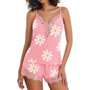 imageAvidlove Women Pajama Set Lace Trim Short PJ Set Modal V Neck Sleeveless Sleepwear Drawstring Waist Nightwear SXXLFloral Pink