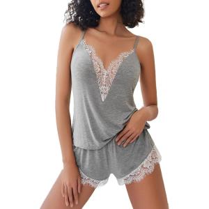 imageAvidlove Women Pajama Set Lace Trim Short PJ Set Modal V Neck Sleeveless Sleepwear Drawstring Waist Nightwear SXXLLight Grey