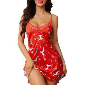 imageAvidlove Womens Nightwear Sexy Satin Sleepwear Lace Chemises Mini Full SlipRed Christmas Print