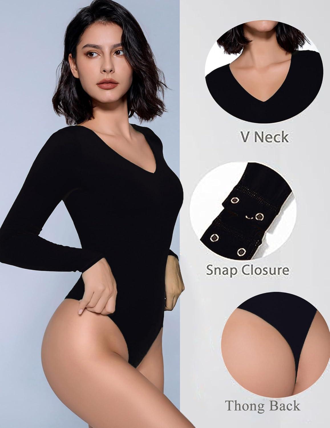imageAvidlove Bodysuits for Women Long Sleeve V Neck Body Suit Bodysuit Double Lined Thong Body Suits Sexy TopsBlack
