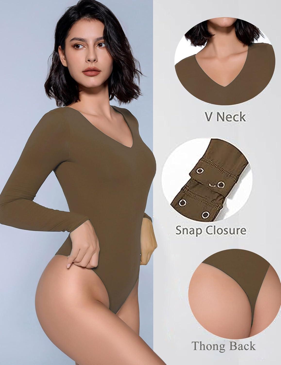 imageAvidlove Bodysuits for Women Long Sleeve V Neck Body Suit Bodysuit Double Lined Thong Body Suits Sexy TopsBrown